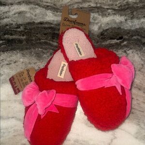 Dearfoams Red Slippers w/ Pink Bow